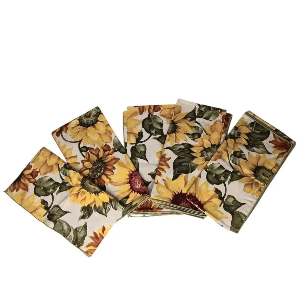 Set Of 5 Cloth Sunflower Napkins White Yellow Green Floral Fabric Square 17x17